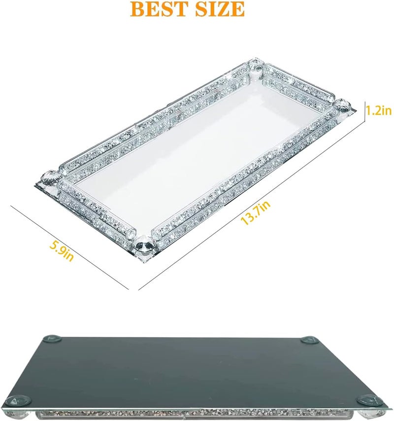 LFGKeng Crystal Glass Serving Tray, Crushed Diamond Filled Modern Glass Mirror Jewelry Trinket Tray, 13.7" x 5.9" Rectangular Makeup Perfume Tray for Bedroom Dresser, Home Decor, Banquet,Party(Silver) - Image 3